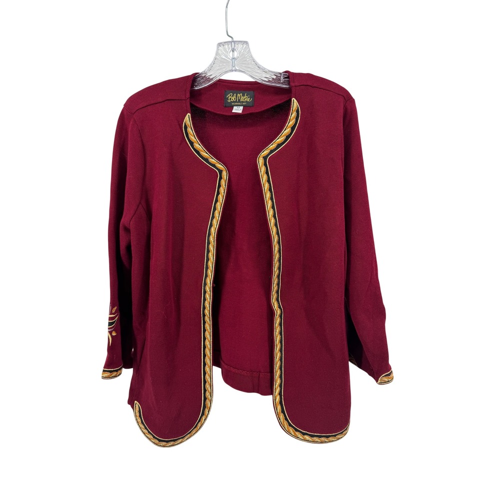 Bob Mackie Cardigan Women Medium Burgundy Embroidered Open Front Wearable Art